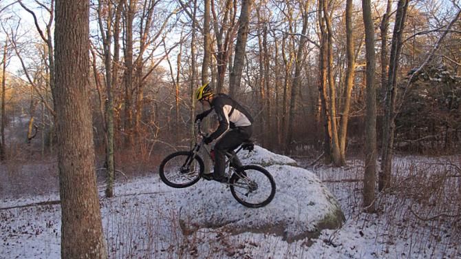 Mike Broderick rides in the snow