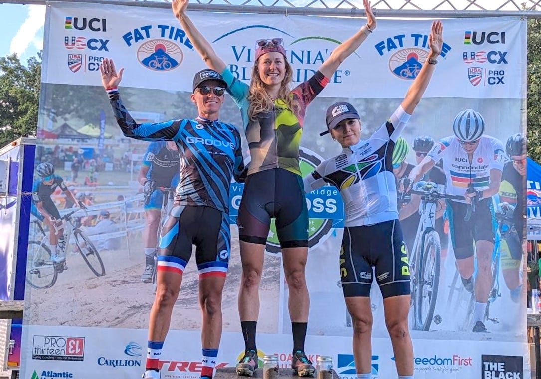 Women&#039;s C1 podium at Virginia&#039;s Blue Ridge GO Cross 2023 (L to R): second place for Caroline Mani, winner Maghalie Rochette and third-placed Raylyn Nuss