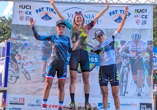 Women's C1 podium at Virginia's Blue Ridge GO Cross 2023 (L to R): second place for Caroline Mani, winner Maghalie Rochette and third-placed Raylyn Nuss
