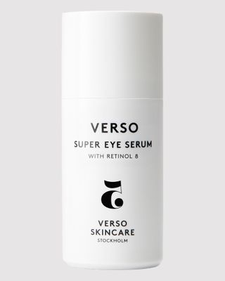 Verso’s retinol Super Eye Serum in white bottle with black font