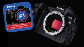 Canon EOS R on black background with Canon is Number One pin