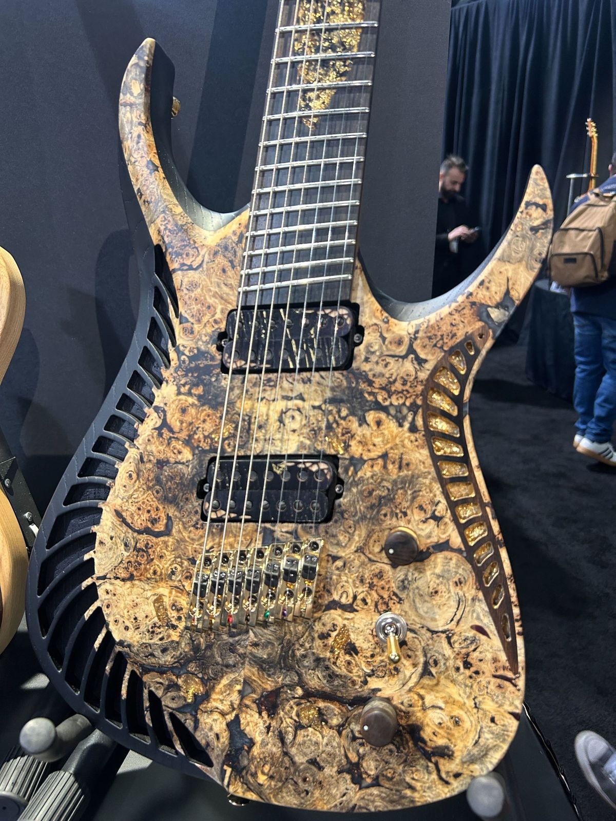 Four of the guitars displayed at the Boutique Guitar Showcase at the 2025 NAMM Show in Anaheim, California