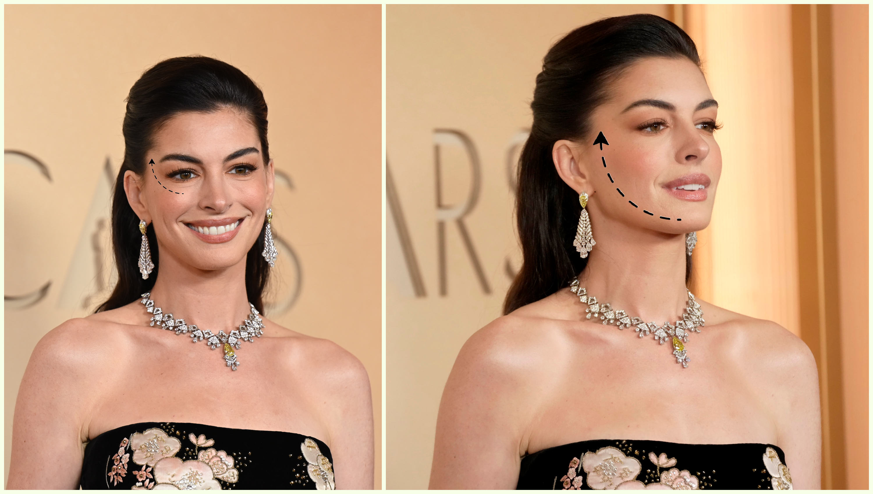a white woman with dark hair in a duo of photos in which she's wearing a strapless black gown and a diamond necklace on a gold backdrop