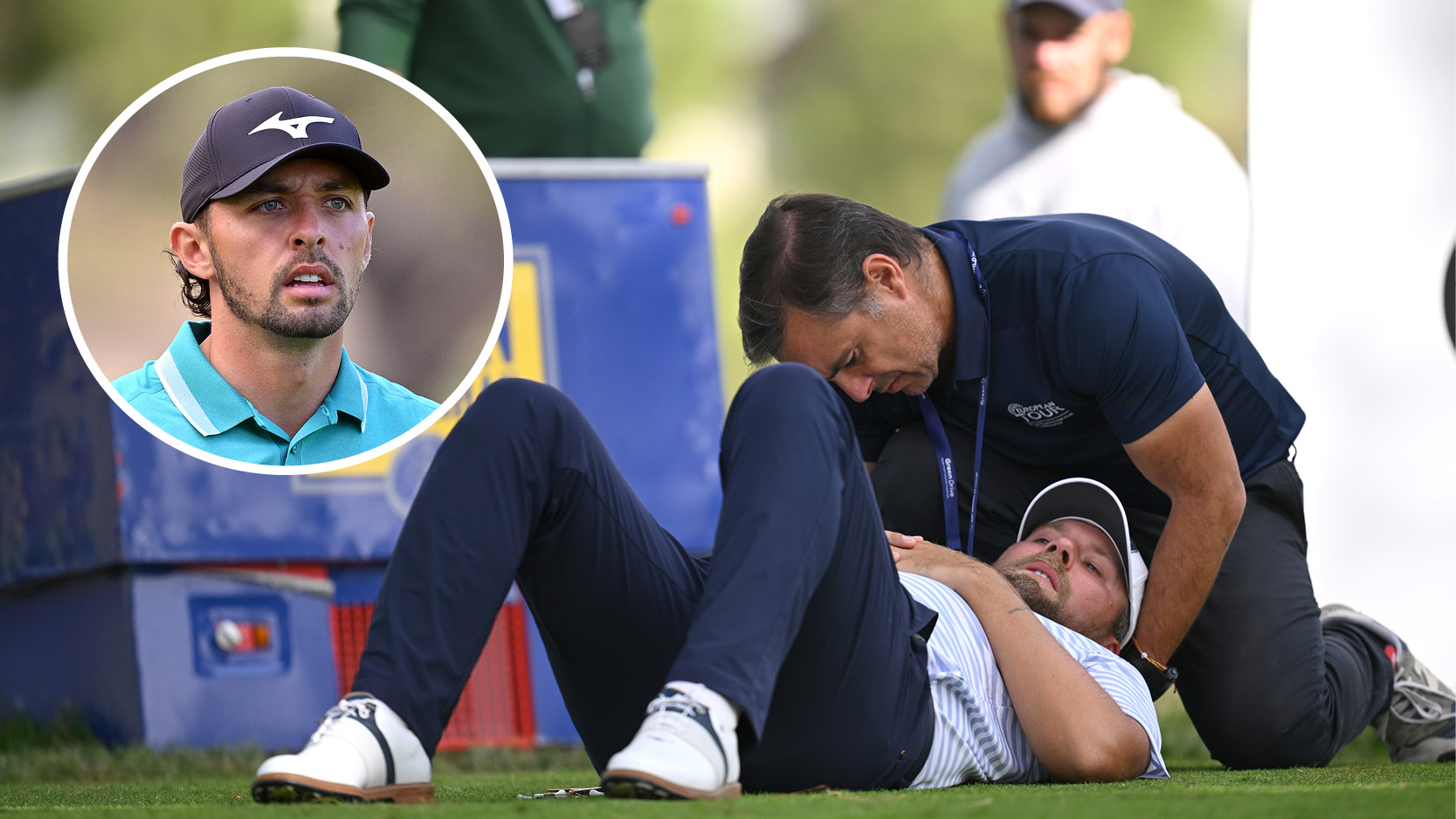 Main image of Dan Brown receiving treatment during the final round of the 2025 Open de España with inset headshot of Marco Penge (top left)