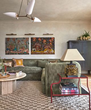 lime washed living room with a green corner couch checkerboard rug and vibrant accessories