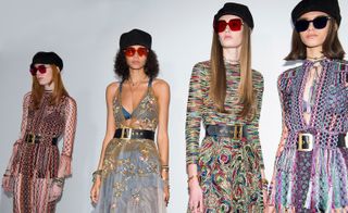 Models wear knitted and chiffon dresses with large size waist belts, ivy caps and sunglasses