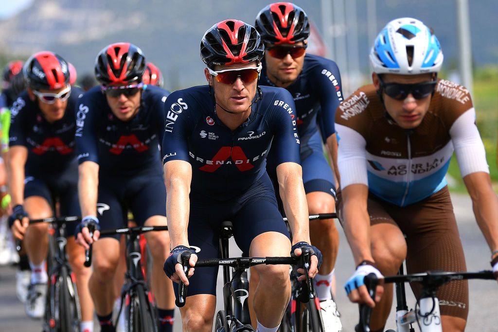 FOLLONICA ITALY SEPTEMBER 08 Salvatore Puccio of Italy and Team INEOS Grenadiers Filippo Ganna of Italy and Team INEOS Grenadiers Geoffrey Bouchard of France and Team AG2R La Mondiale during the 55th TirrenoAdriatico 2020 Stage 2 a 201km stage from Camaiore to Follonica TirrenAdriatico on September 08 2020 in Follonica Italy Photo by Justin SetterfieldGetty Images