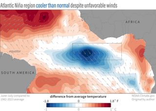 A weather pattern map showing a cool patch in the middle of the Atlantic ocean between South America and Africa