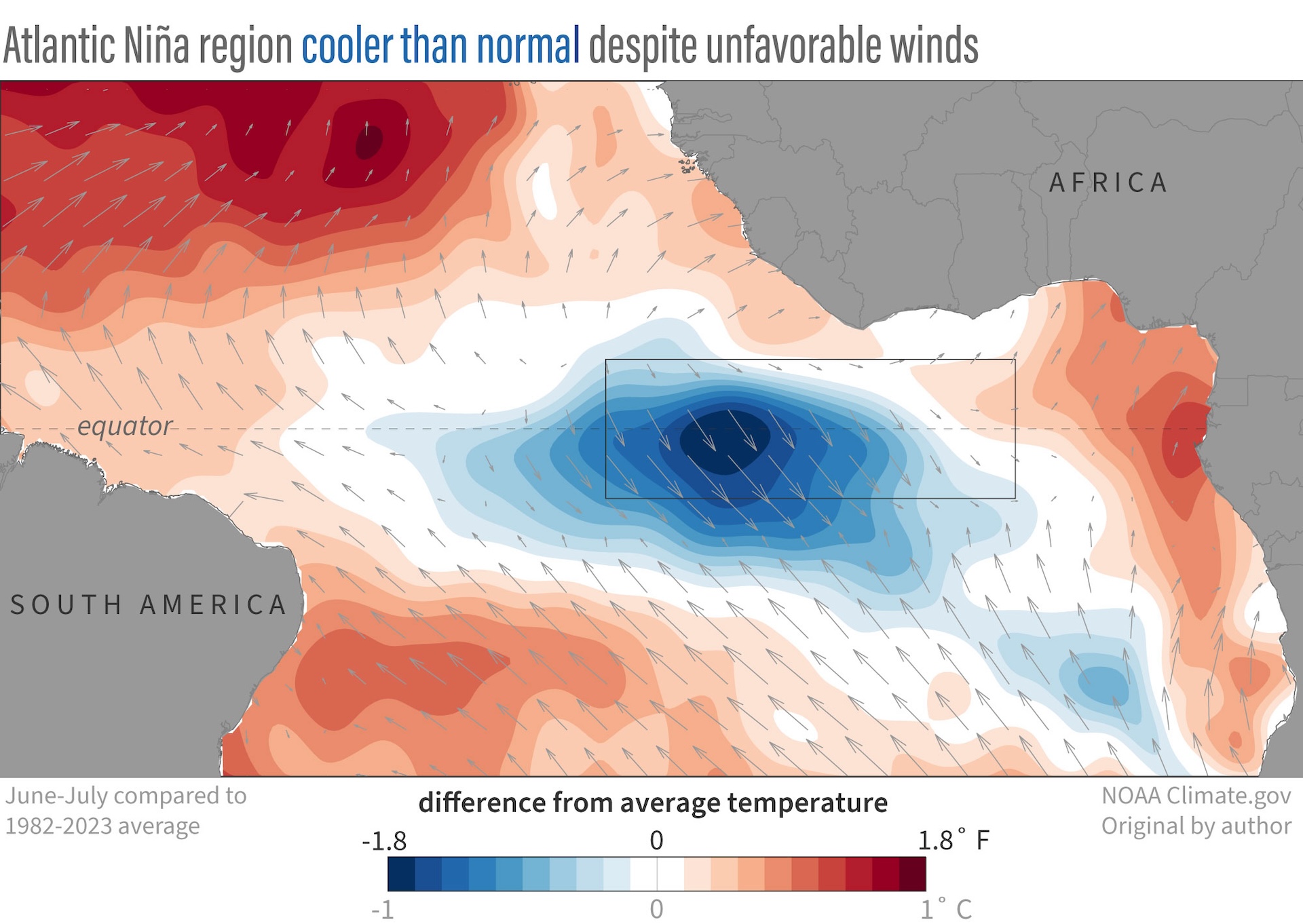 A weather map showing a cool spot in the middle of the Atlantic between South America and Africa.