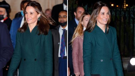 Composite of two pictures of Pippa Middleton wearing a forest green coat as she attends the Together at Christmas carol concert in December 2021