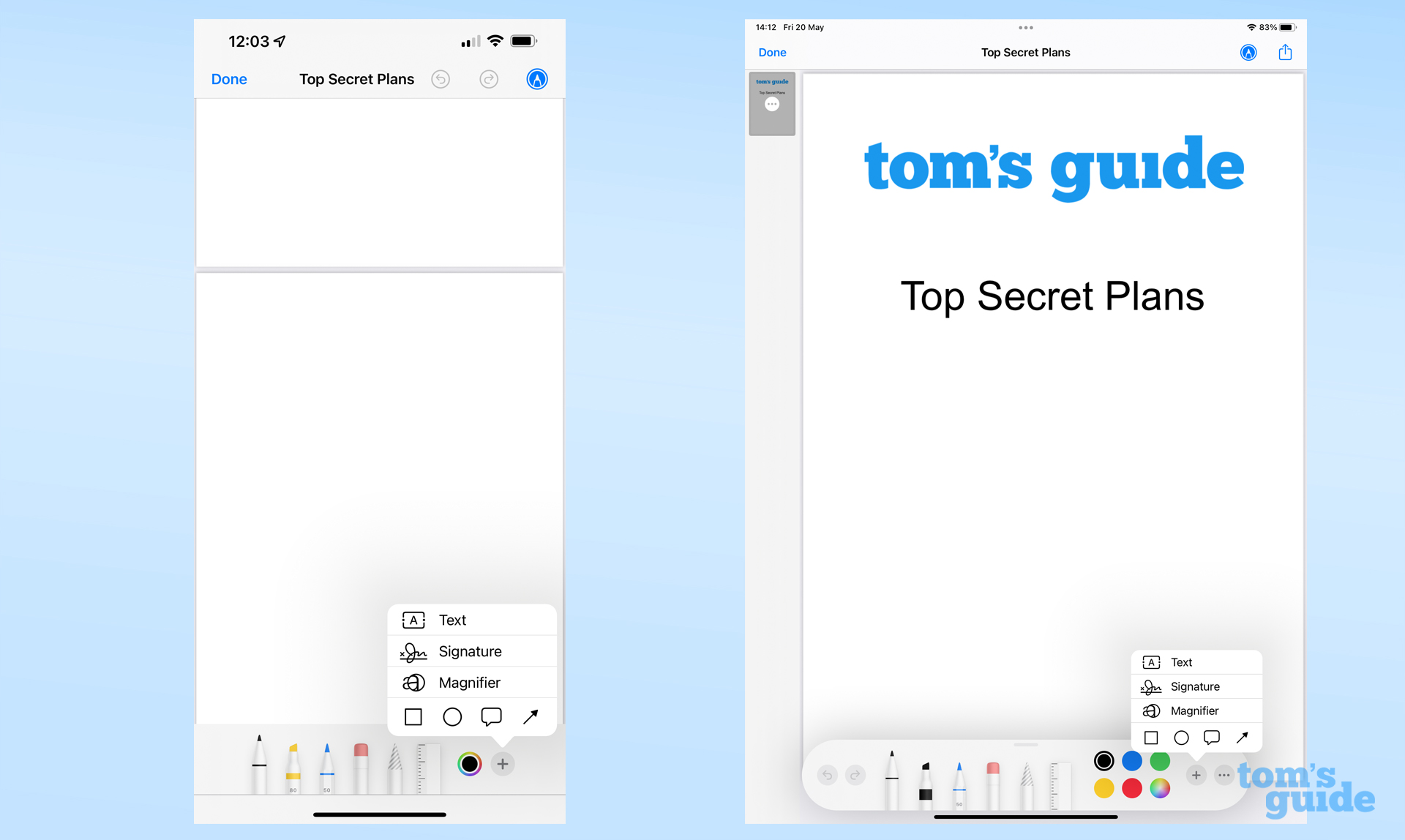 Side-by-side screenshot of iPhone and iPad showing additional markup tools