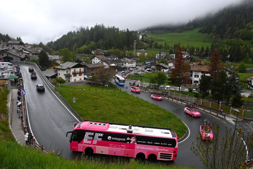 CRANSMONTANA SWITZERLAND MAY 19 Team EF EducationEasyPost cars and bus on its way to the new start localisation during the 106th Giro dItalia 2023 Stage 13 a 75km stage from Le Chable to CransMontana Valais 1456m Stage shortened due to the adverse weather conditions UCIWT on May 19 2023 in CransMontana Switzerland Photo by Tim de WaeleGetty Images