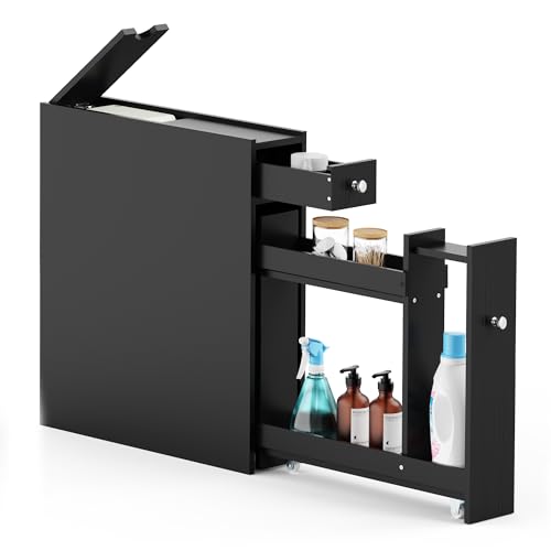 Vonhaus Slim Bathroom Storage Unit - Black Slimline Bathroom Cabinet - Narrow &amp;amp; Compact Bath Organiser With Drawer &amp;amp; Slide Out Shelving - Freestanding Shaker Style Storage - Shrewsbury