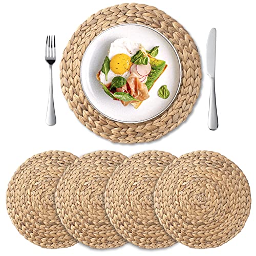 Round Woven Placemats Set of 4, Natural Water Hyacinth Place Mats, Boho Wicker Placemats, Table Mats for Dining Table (13.8 Inch) by Yangqihome