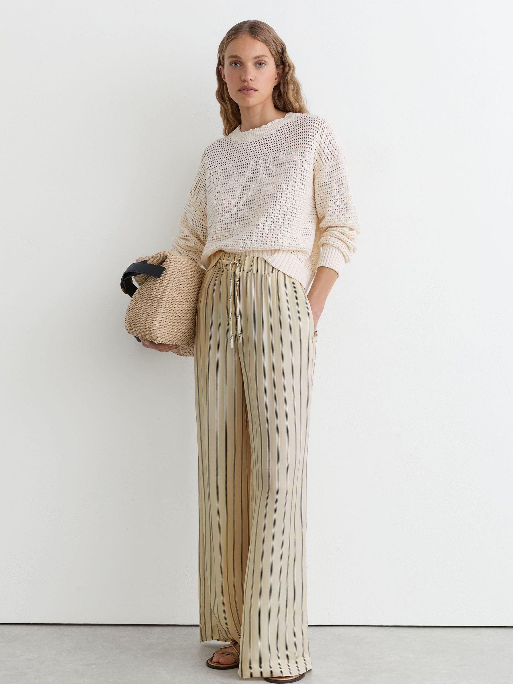 Linen Striped Wide-Leg Trousers in Neutral/navy