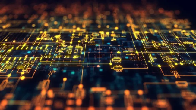 Diagrama electrónico complejo iluminado en tonos dorados y azulados, representando una placa de circuito con múltiples conexiones y componentes detallados