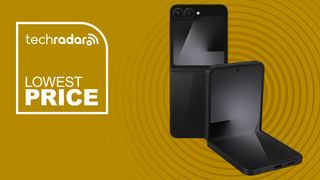 Samsung Galaxy Z Flip 7 FE on a yellow background. Text reads: Lowest price