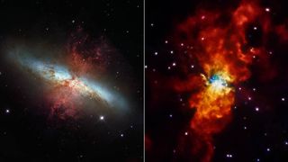 Galaxy Messier 82 (M82) appears in two different views. NASA's Hubble Space Telescope shows the galaxy in visible light (left) and NASA's Chandra X-ray Observatory shows an X-ray view (right).