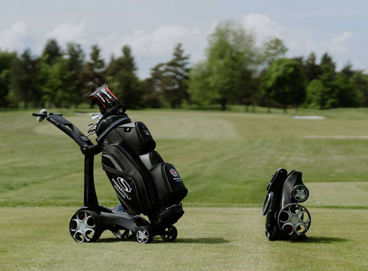 Stewart Golf Q Follow trolley pictured