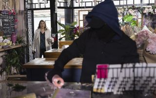 Tracey Barlow during a robbery at the flower shop