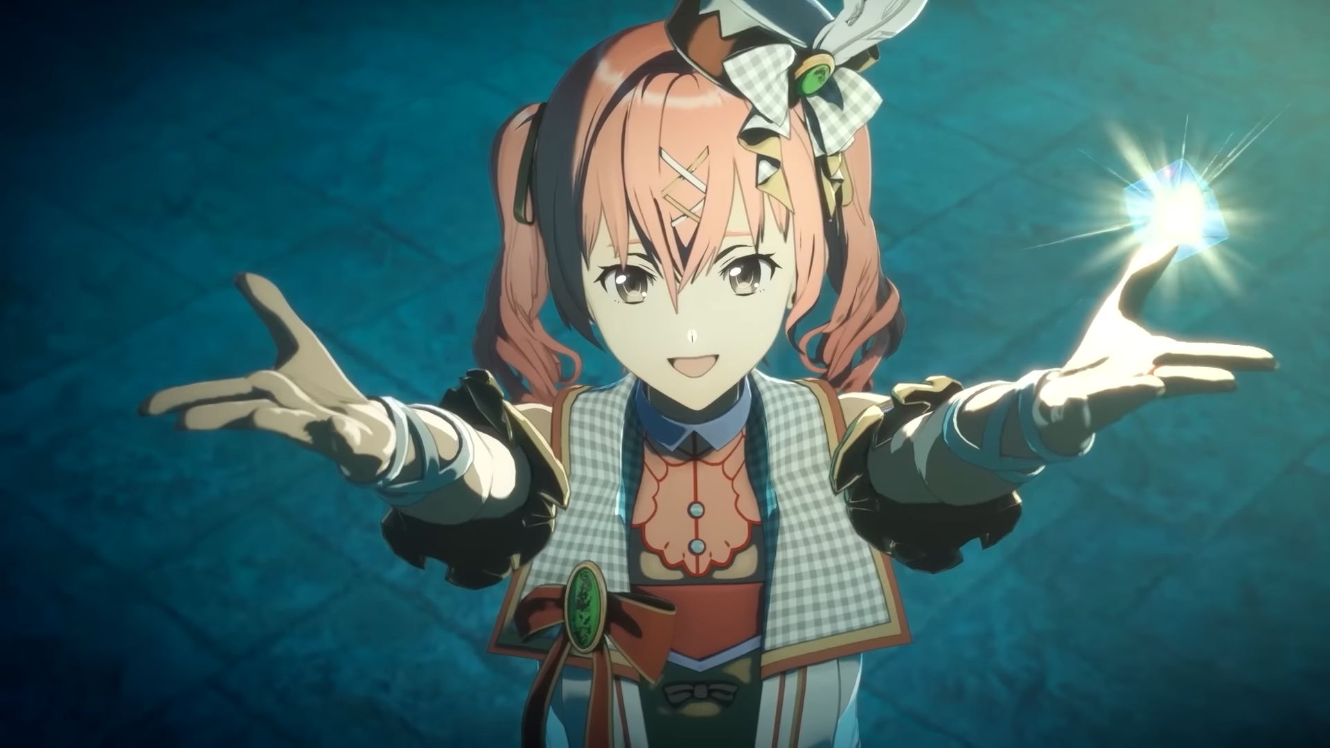 Echoes of Aincrad - A little anime girl with red pigtails and a side bow smiling and reaching her hands up toward the camera. There's a small ball of light floating above her left hand. 