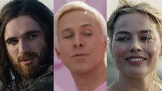from R/L, Elorid, with beard, starring as Heathcliff in Wuthering Heights, Ryan Gosling as Ken in Barbie, Margot Robbie as Catherine in Wuthering Heights.