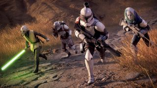 Key art for Star Wars Zero Company showing a squad running towards the camera, including Trick, Luca, Tel-Rea, and Cly.