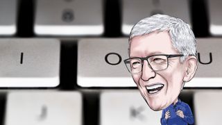 Karikatur von Tim Cook, CEO von Apple, und Tastatur mit den Worten I O U