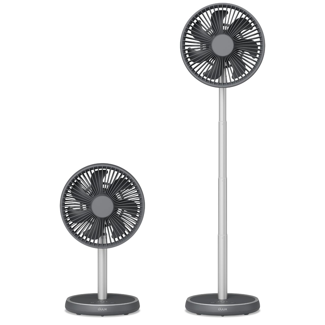 Side by side cutout of a charcoal grey Duux Rize fan shown in desktop and pedestal configurations