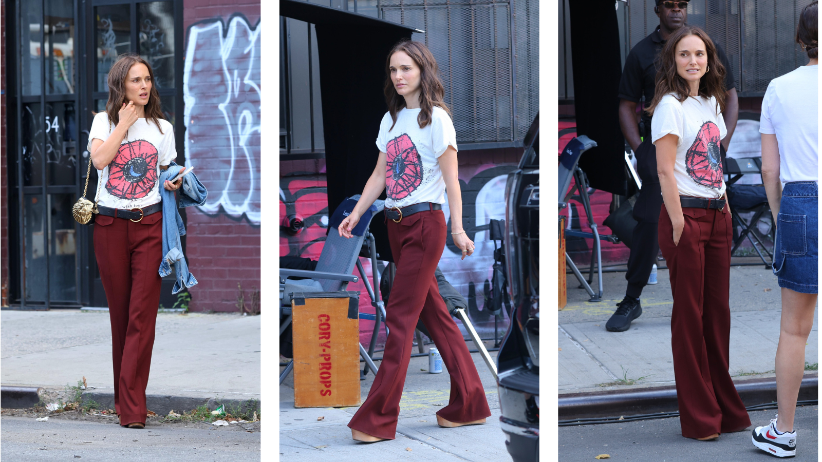 Natalie Portman wearing burgundy flares and graphic t-shirt