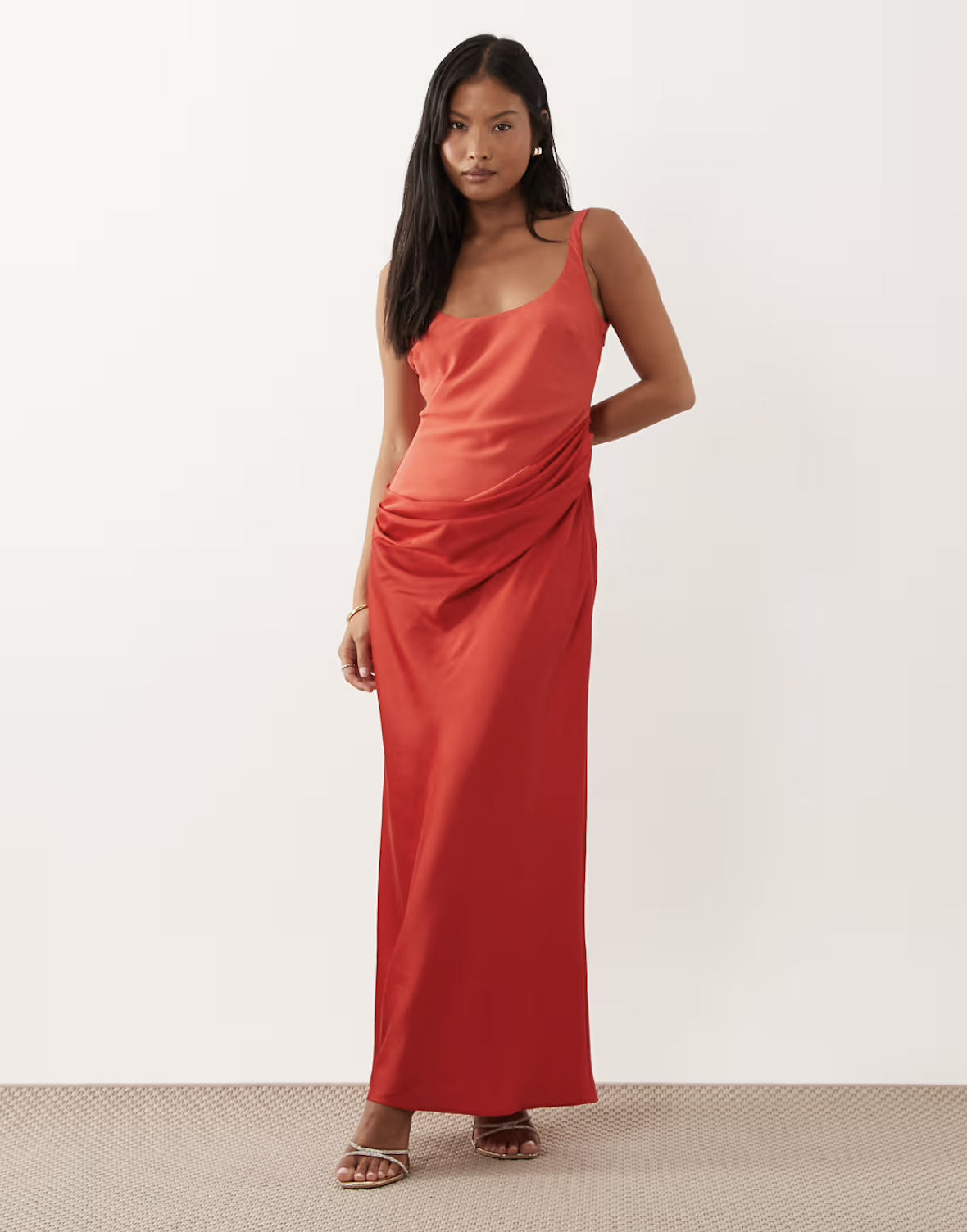 ASOS Design Petite, Deep Scoop Neck Maxi Dress with Asymmetric Draped Skirt Overlay