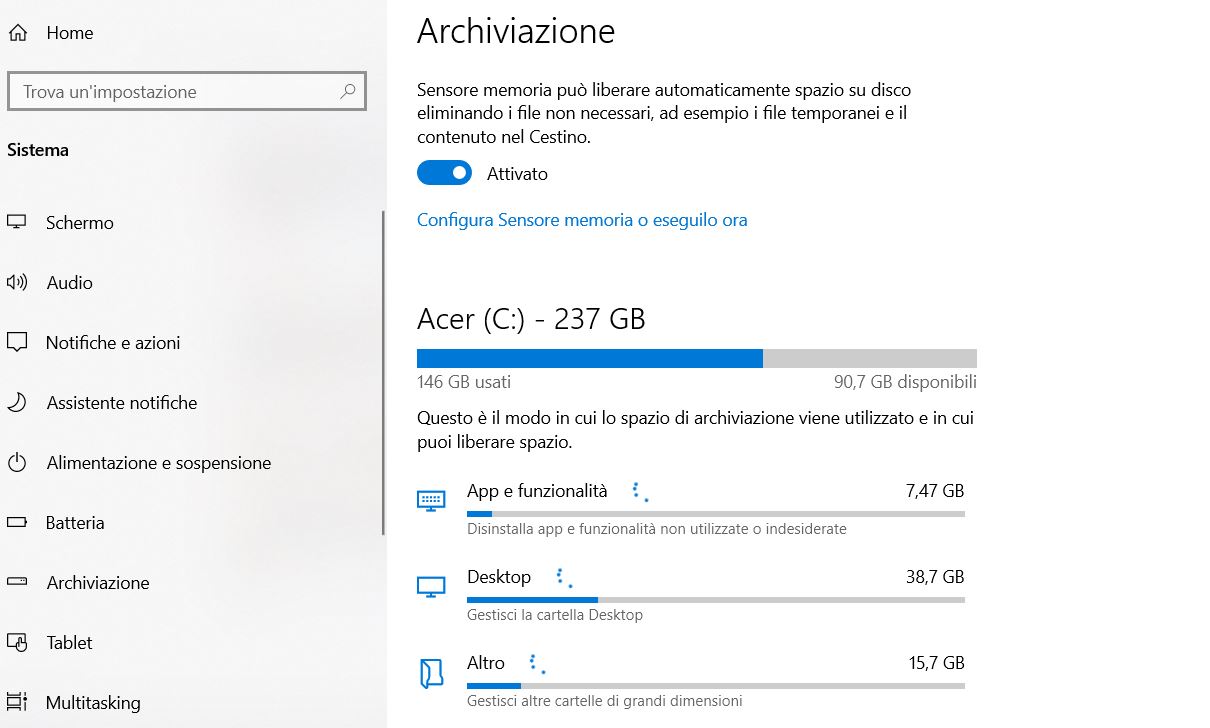 Impostazioni di archiviazione WIndows 10