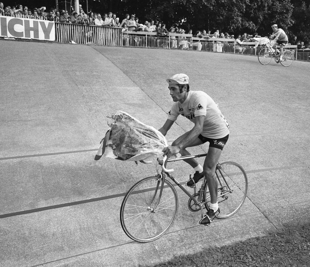 BIC's Luis Oca&ntilde;a celebrates his 1973 Tour de France triumph at the V&eacute;lodrome de Vincennes in Paris on a bike virtually identical to the one on offer here on eBay