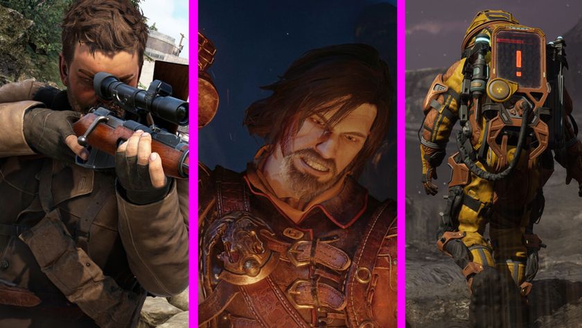 Screenshots sowing a sniper aiming his rifle, a blacksmith forging a weapon, and a man in a space suit walking across a barren alien planet