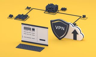 Conceptual image representing a VPN, with a shield, a cloud with an arrow, wires connecting ambiguous pieces of physical tech, and a screen displaying a website. It's difficult to explain...
