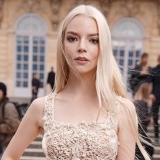 Anya Taylor-Joy at Christian Dior RTW Spring 2025 as part of Paris Ready to Wear Fashion Week held at Musée Rodin on September 24, 2024 in Paris, France wearing a crochet crop top and sheer skirt