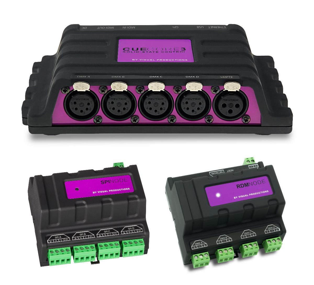 Visual Productions CueCore3 DMX lighting controller (top center), SpiNode four-port SPI converter (bottom left), and RdmNode conversion node (bottom right)