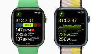 Two Apple Watches showing new running metrics