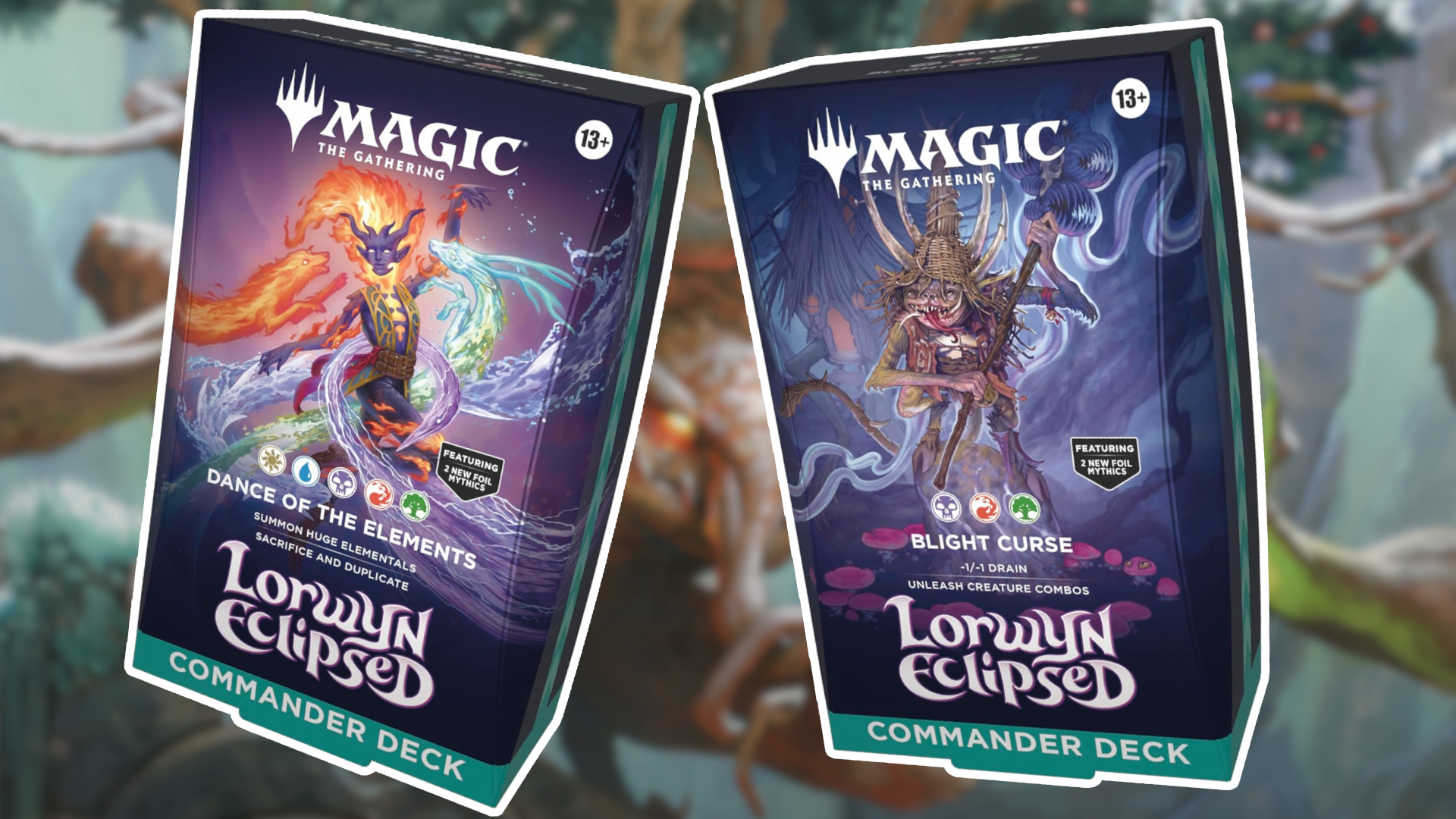 Lorwyn Eclipsed Commander decks, surrounded by a white outline, against a blurred woodland background