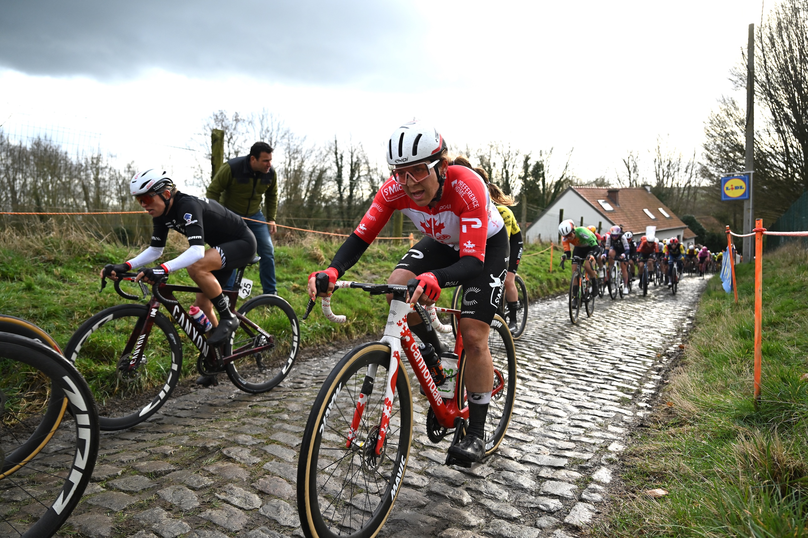 Alison Jackson of Canada competing in the 21st Omloop Het Nieuwsblad 2026