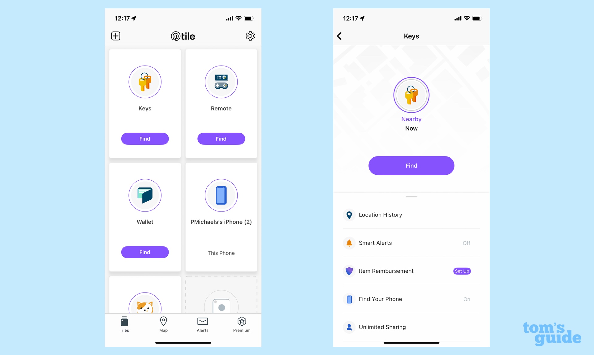 Tile app showing various items being tracked with tile key finders