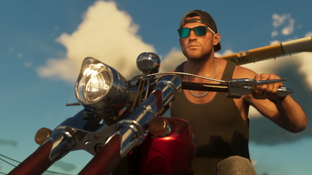 Grand Theft Auto 6 trailer still - meathead in shades and backwards ball cap riding a chopper