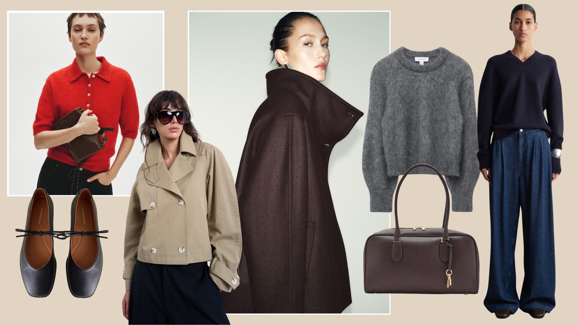 A collage of expensive-looking high street pieces.