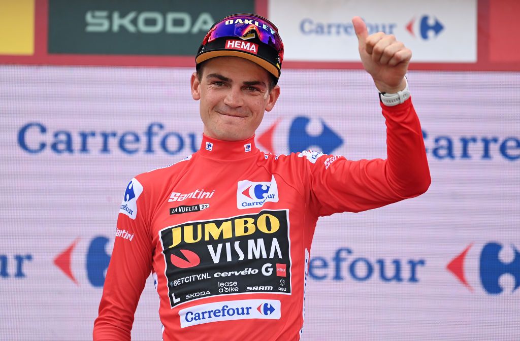 VALLADOLID SPAIN SEPTEMBER 05 Sepp Kuss of The United States and Team JumboVisma Red Leader Jersey celebrates at podium during the 78th Tour of Spain 2023 Stage 10 a 258km individual time trial stage from Valladolid to Valladolid UCIWT on September 05 2023 in Valladolid Spain Photo by Tim de WaeleGetty Images