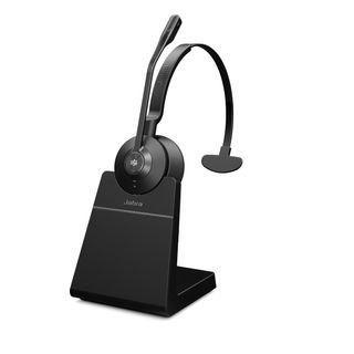 The Jabra Engage 55 headset, in all black, rests upon its charging stand.