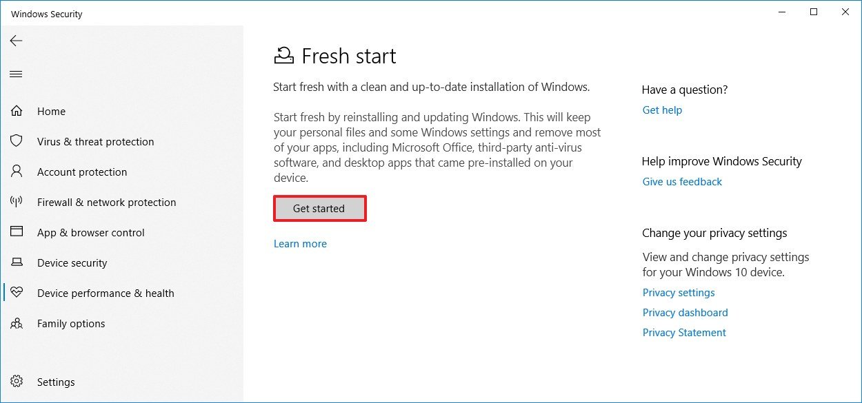 Windows 10 Fresh Start get started option