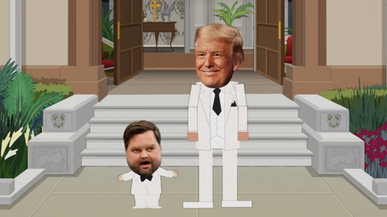 Donald Trump and JD Vance in white suits in South Park Season 27