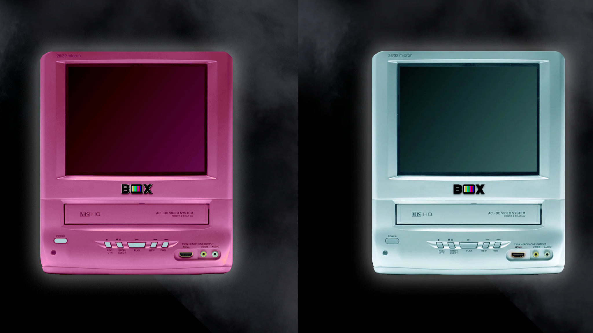 RetroBox VCR/TV rendered in pink and very light blue on a dark background