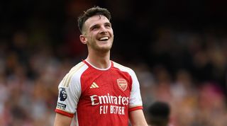 Declan Rice in action for Arsenal against Nottingham Forest in August 2023.