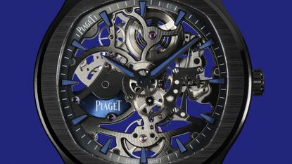 The Piaget Polo Skeleton Ceramic on a purple background